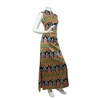 VINTAGE 60s 70s BLACK GOLD GREEN PSYCHEDELIC AZTEC GEOMETRIC MOD MAXI DRESS 10