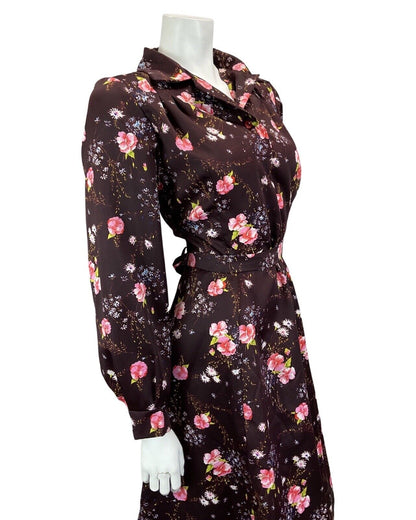 VINTAGE 60S 70S DRAK PURPLE PINK FLORAL BOHO MOD MIDI DRESS 12 14