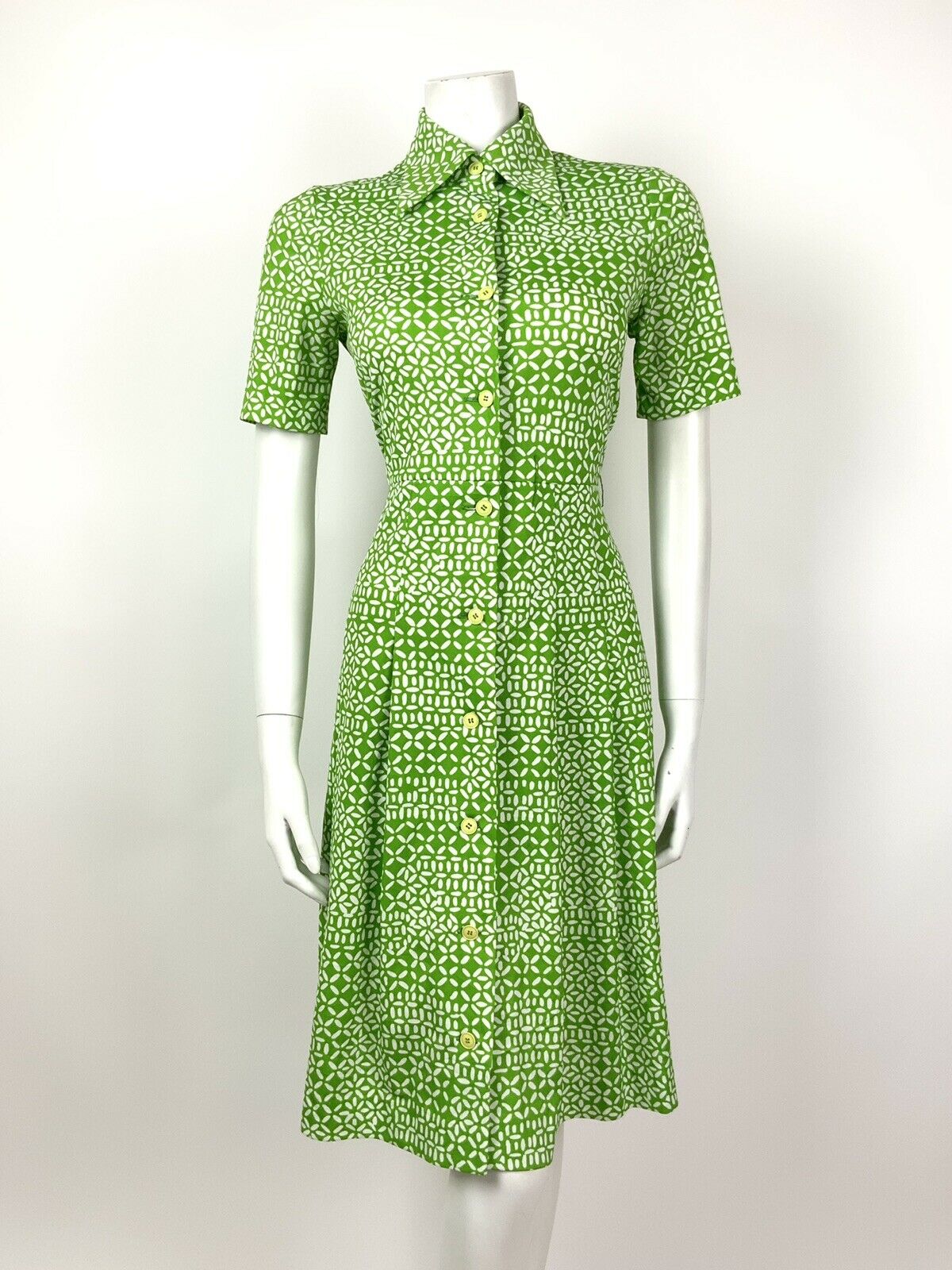 VINTAGE 60s 70s APPLE LIME GREEN WHITE DASH CROSS HATCH DAGGER SHIRT DRESS 10 12