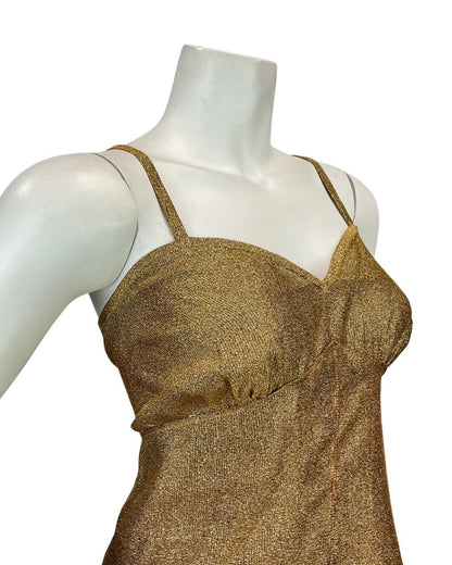 VINTAGE 60s 70s BRASSY GOLD GLITTER LUREX PARTY DISCO STRAPPY MAXI DRESS 12