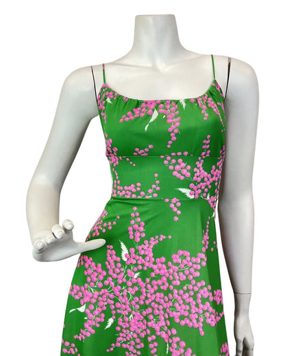 VINTAGE 60s 70s APPLE GREEN PINK FLORAL BLOSSOM SPAGHETTI STRAP MAXI DRESS 8