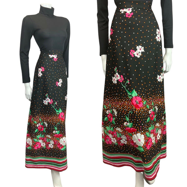 VINTAGE 60s 70s BLACK PINK ORANGE FLORAL DOTTY FOLK MOD MAXI SKIRT 8 10