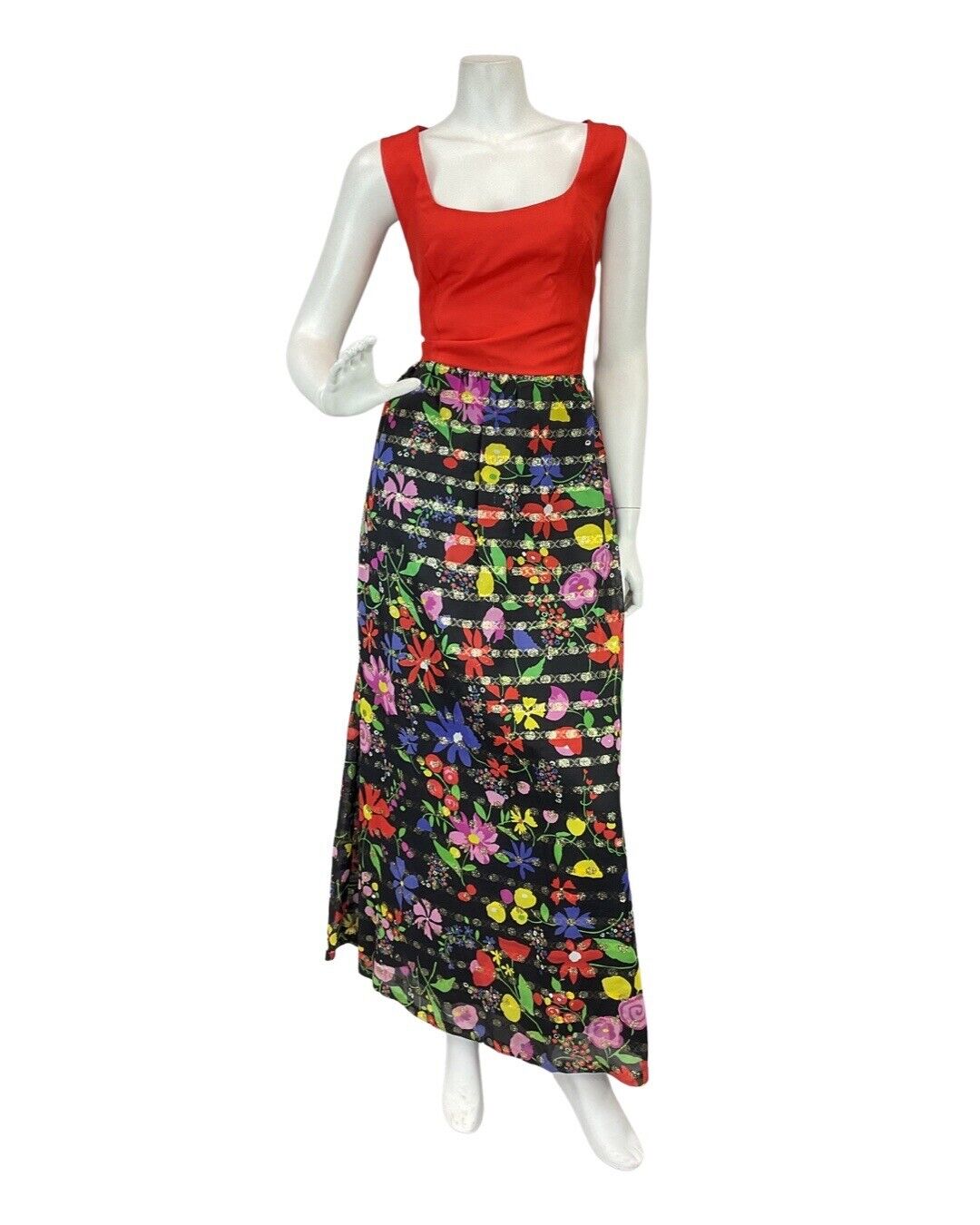 VINTAGE 60s 70s RED BLACK GREEN FLORAL DAISY MOD SLEEVELESS MAXI DRESS 8 10