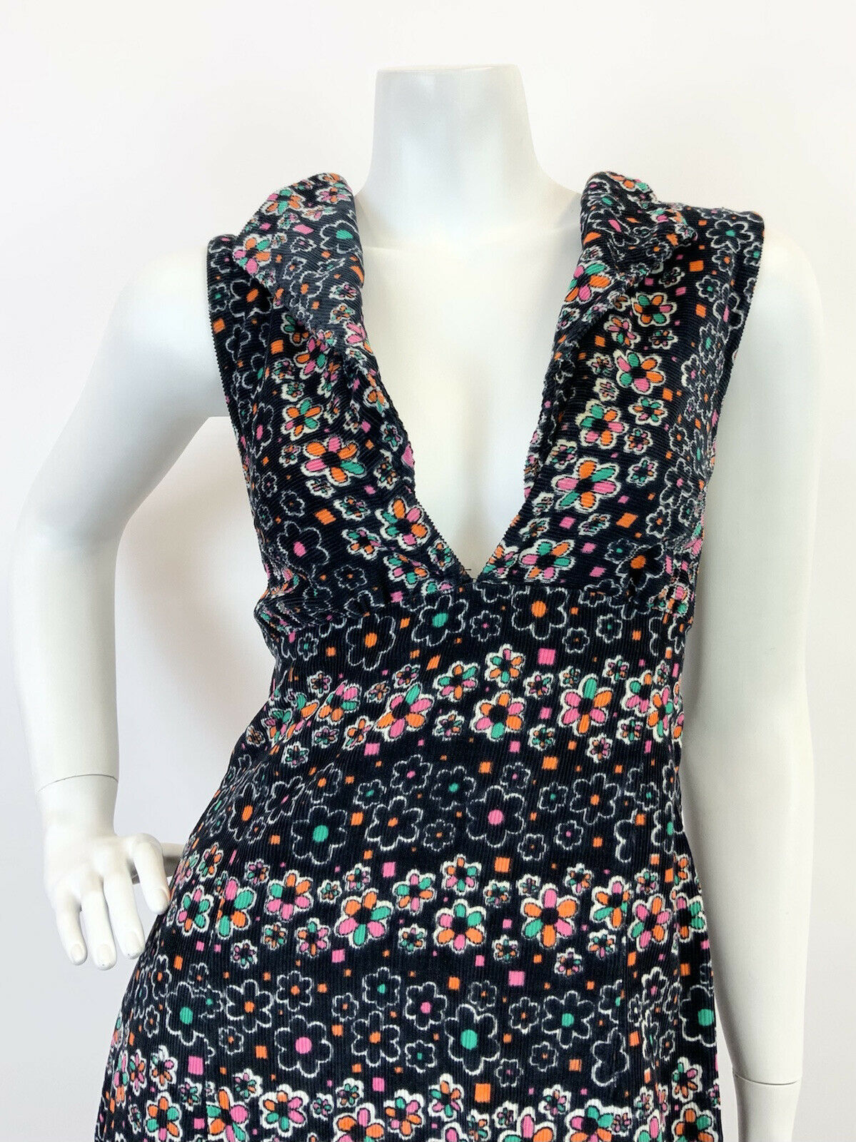 VTG 60s 70s BLACK PINK GREEN WHITE FLORAL DAISY CORDUROY PLUNGE MAXI DRESS 10 12