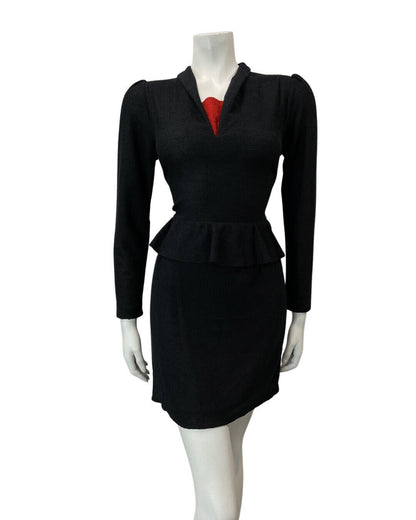 VINTAGE 70s 80s BLACK RED FITTED PEPLUM LONG SLEEVE SHORT KNIT DRESS 10