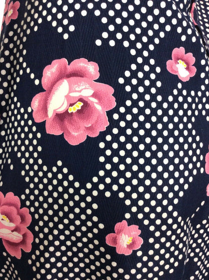 STUNNING VINTAGE 60S 70S POLKA DOT NAVY BLUE WHITE PINK FLORAL DRESS 8 10