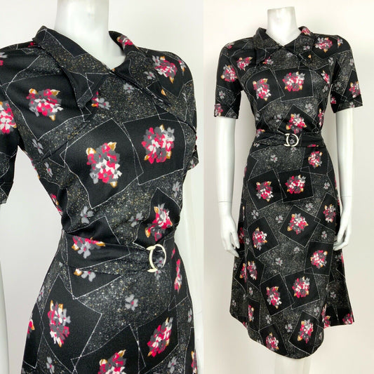 VINTAGE 60s 70s BLACK GREEN PINK YELLOW FLORAL GEOMETRIC DAGGER COLLAR DRESS 12