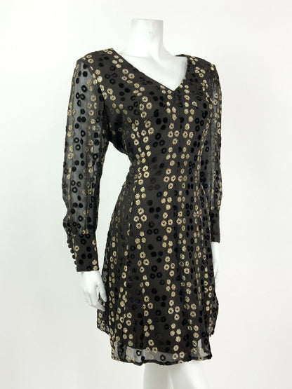 VINTAGE 60s 70s BROWN GOLD GLITTER VELVET POLKA DOT SHEER GLAM PARTY DRESS 14 16