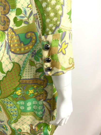 VINTAGE 60s 70s CREAM GREEN YELLOW PURPLE PSYCHEDELIC BIRD FLORAL DRESS 8