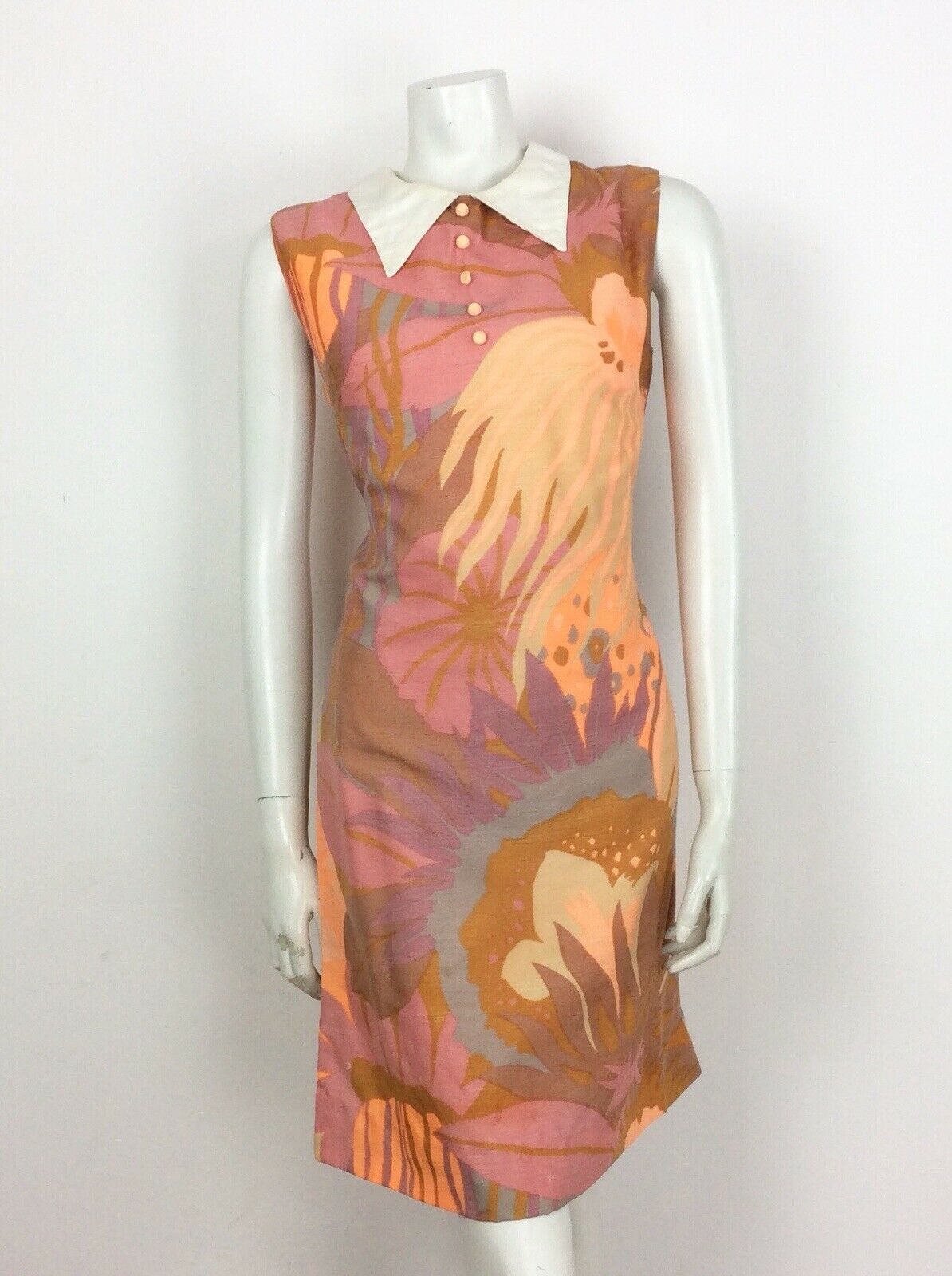 VINTAGE 60s 70s ABSTRACT FLORAL SHIFT DRESS ORANGE PURPLE PINK GOLD 12