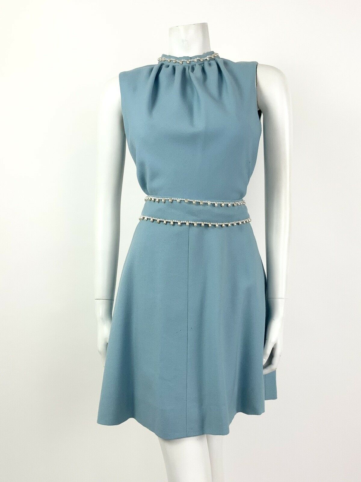 VINTAGE 60s BABY BLUE PEARL BEADED PARTY SLEEVELESS DRESS 10