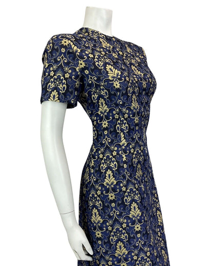 VINTAGE 60s 70s BLUE NAVY GOLD FLORAL MOD MINI PARTY CHRISTMAS EVENING DRESS 14