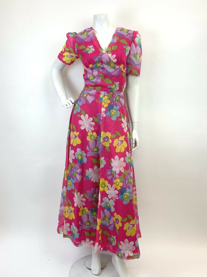 VINTAGE 60s 70s BRIGHT PINK BLUE PURPLE GREEN FLORAL SHEER FLOATY MAXI DRESS 8