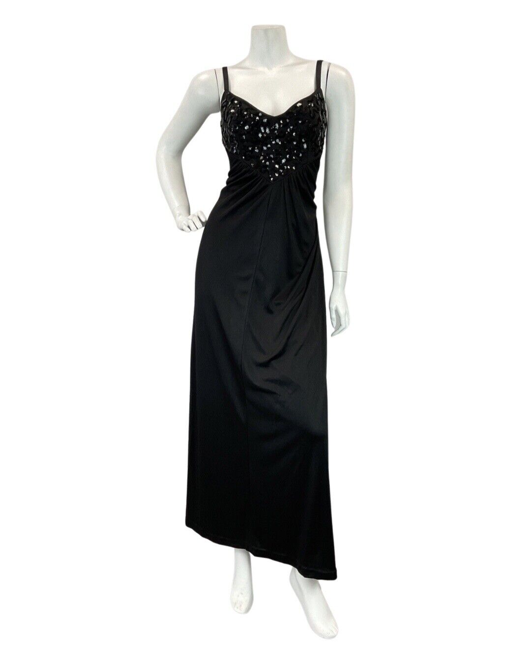 VINTAGE 60s 70s BLACK SEQUIN STRAPPY STUDIO 54 DISCO PARTY MAXI DRESS 8