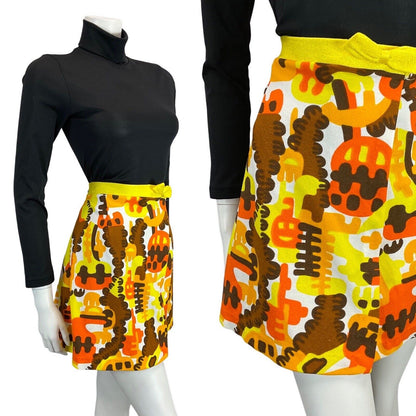 VINTAGE 60s 70s YELLOW ORANGE BROWN WHITE PSYCHEDELIC AUTUMNAL MINI SKIRT 10