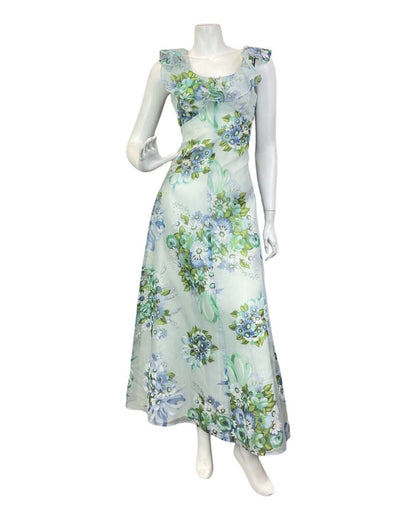 VINTAGE 60s 70s BLUE GREEN WHITE FLORAL BOUQUET RUFFLED SUMMER MAXI DRESS 8 10