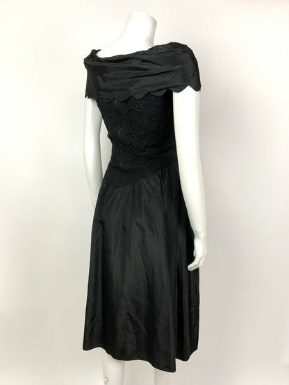 VINTAGE 50s 60s BLACK SILVER FLORAL LACE COCKTAIL PARTY DRESS 8 10