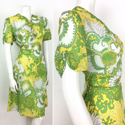 PSYCHEDELIC 70S VINTAGE YELLOW GREEN WHITE FLORAL DRESS 14