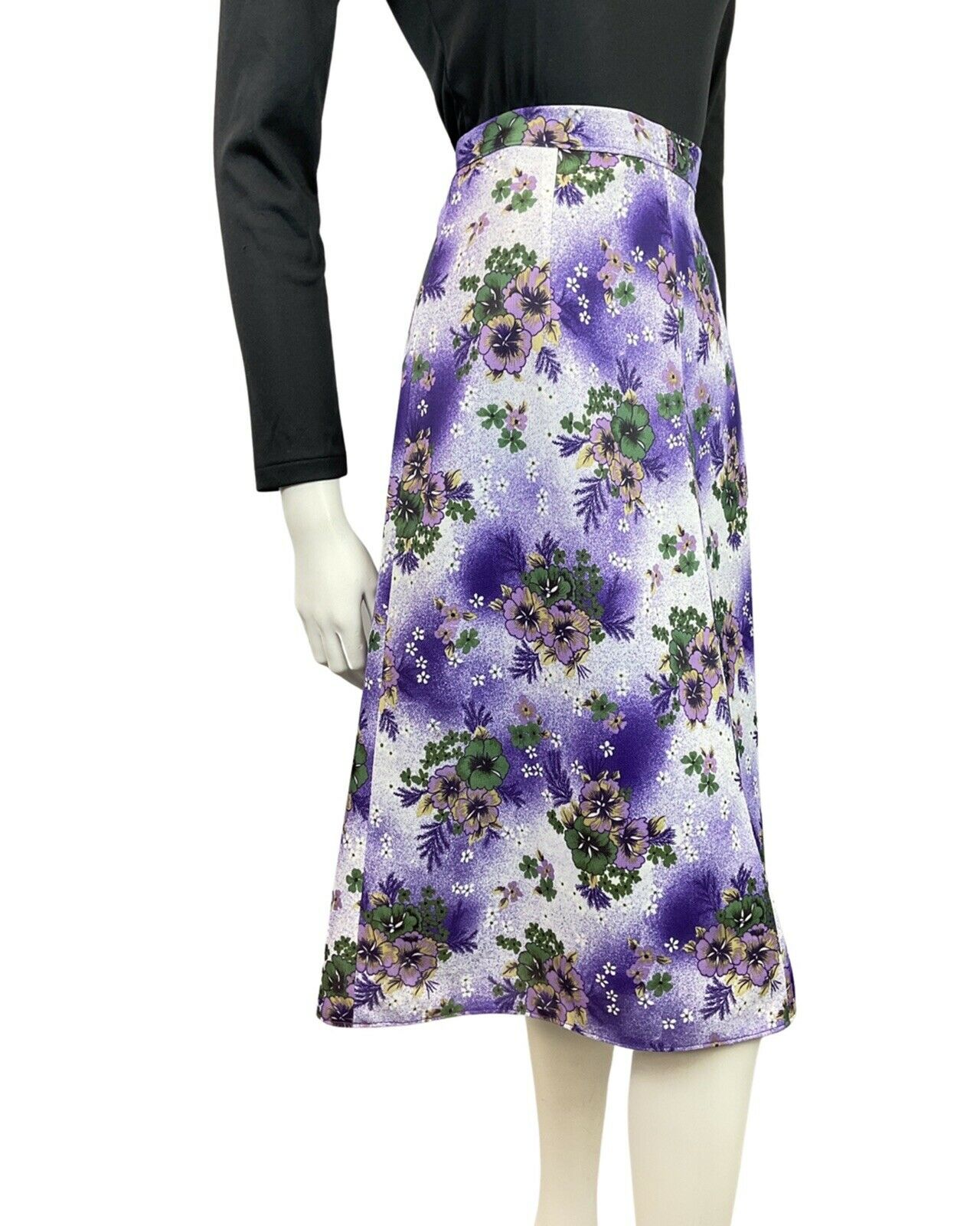 VINTAGE 60s 70s PURPLE WHITE GREEN FLORAL DAISY KNEE-LENGTH SWING SKIRT 8 10