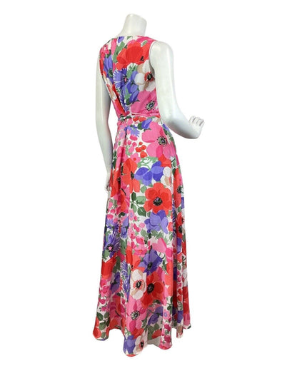 VINTAGE 60s 70s PINK RED PURPLE FLORAL BEADED SLEEVELESS MAXI DRESS 8 10