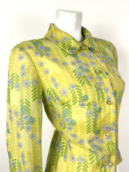 VINTAGE 60s 70s LIME GREEN LILAC BLUE HERRINGBONE FLORAL DAISY SHIRT DRESS 10 12