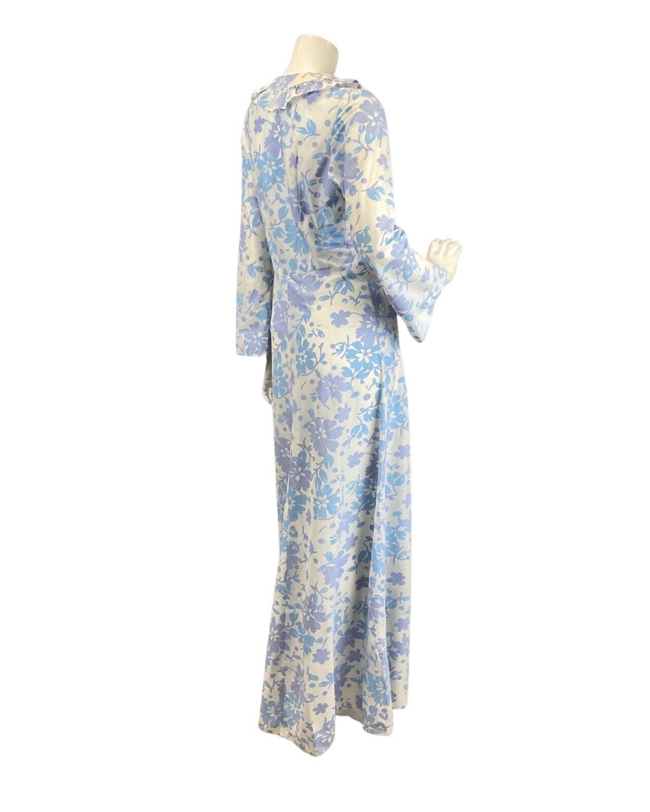 VINTAGE 60s 70s BLUE LILAC WHITE FLORAL RUFFLED MOD LONGSLEEVE MAXI DRESS 8 10