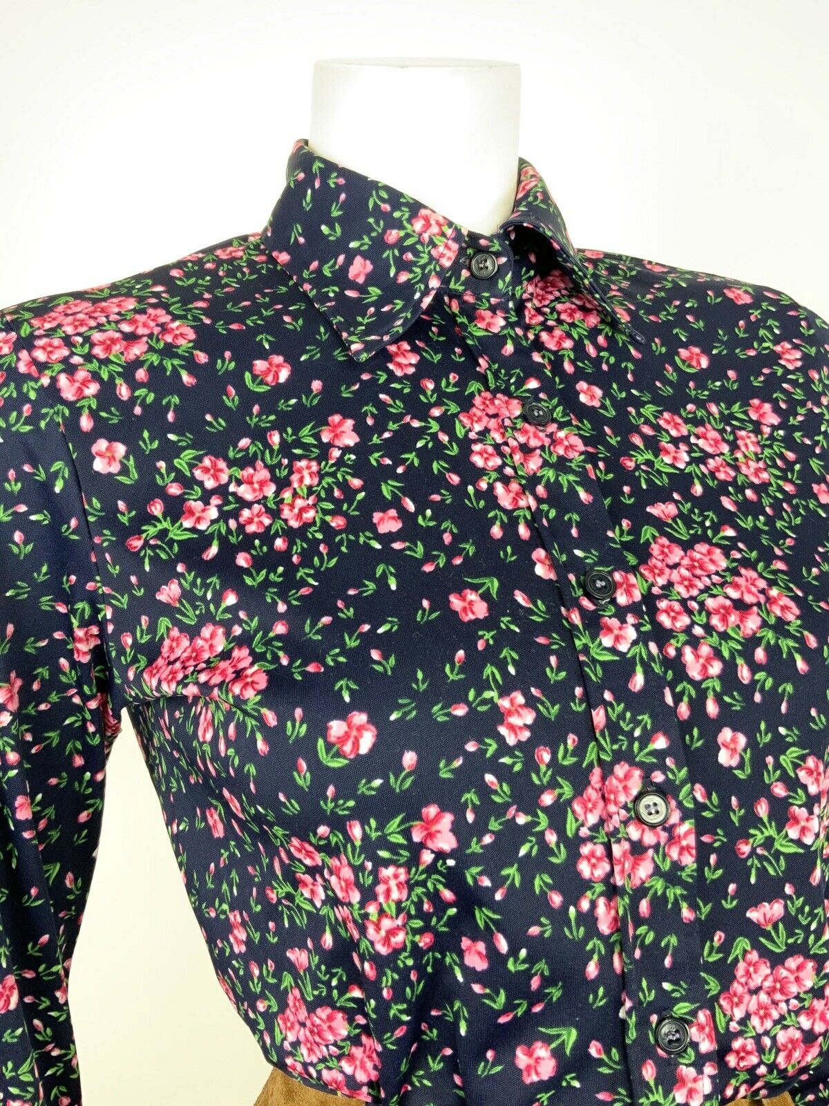 VINTAGE 60s 70s NAVY BLUE RED PINK GREEN DITSY FLORAL ROSE SHIRT 10 12