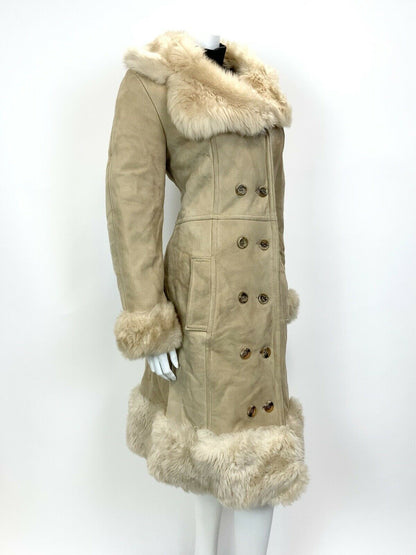 VINTAGE 60s 70s SAND BEIGE DOUBLE-BREASTED BOHO MOD SHEARLING PRINCESS COAT 14