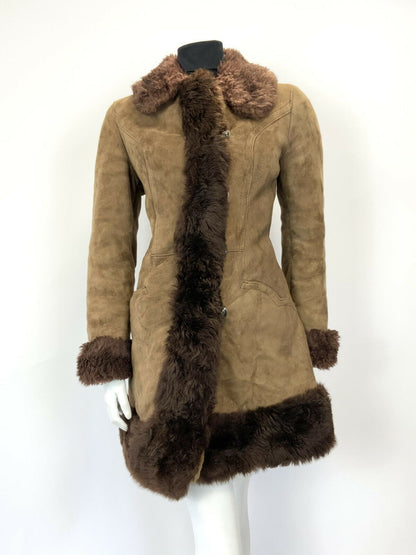 VINTAGE 60s 70s SOFT BROWN SUEDE LEATHER SHEARLING BOHO MOD PENNY LANE COAT 12