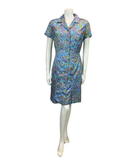 VINTAGE 60s 70s BLUE YELLOW PINK PURPLE PAISLEY PSYCHEDELIC MIDI PRINT DRESS 14