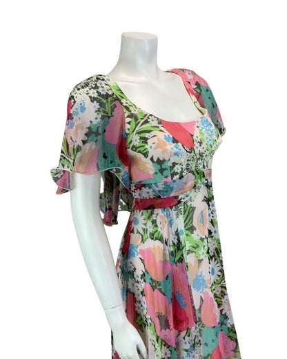 VINTAGE 60s 70s PINK BLUE GREEN FLORAL PRINT RUFFLED FLOATY MIDI DRESS 8 10