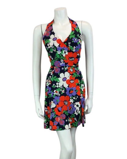 VINTAGE 60s 70s NAVY BLUE RED PUPRLE GREEN HALTER NECK MINI DRESS 6