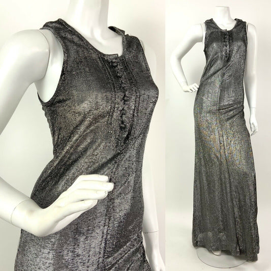 VTG 60s 70s SILVER LUREX GLITTER STUDIO 54 DISCO GLAM SLEEVELESS MAXI DRESS 6