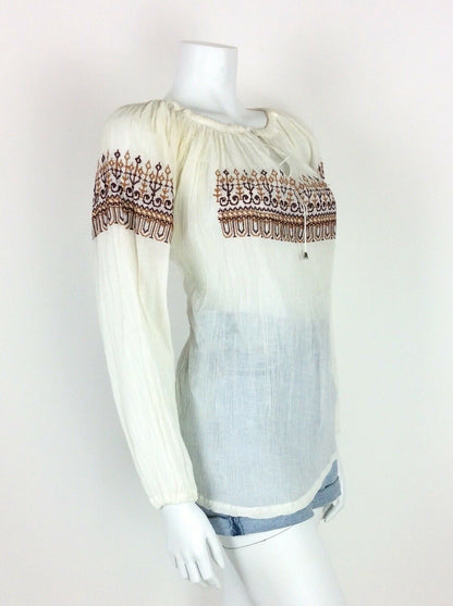 VINTAGE 60s 70s ETHNIC PEASANT TOP WHITE CREAM RED BROWN HIPPY 12 14