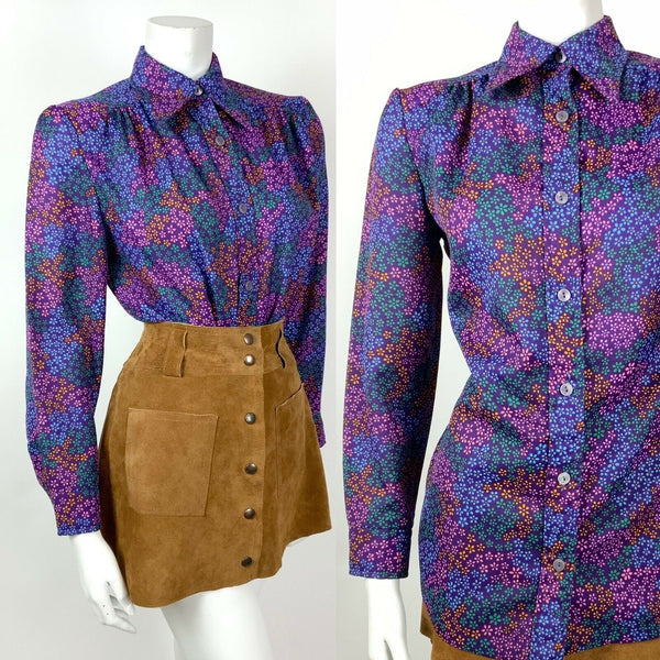 VINTAGE 60s 70s PURPLE BLUE GREEN ORANGE FLORAL DITSY DAGGER SHIRT BLOUSE 14 16