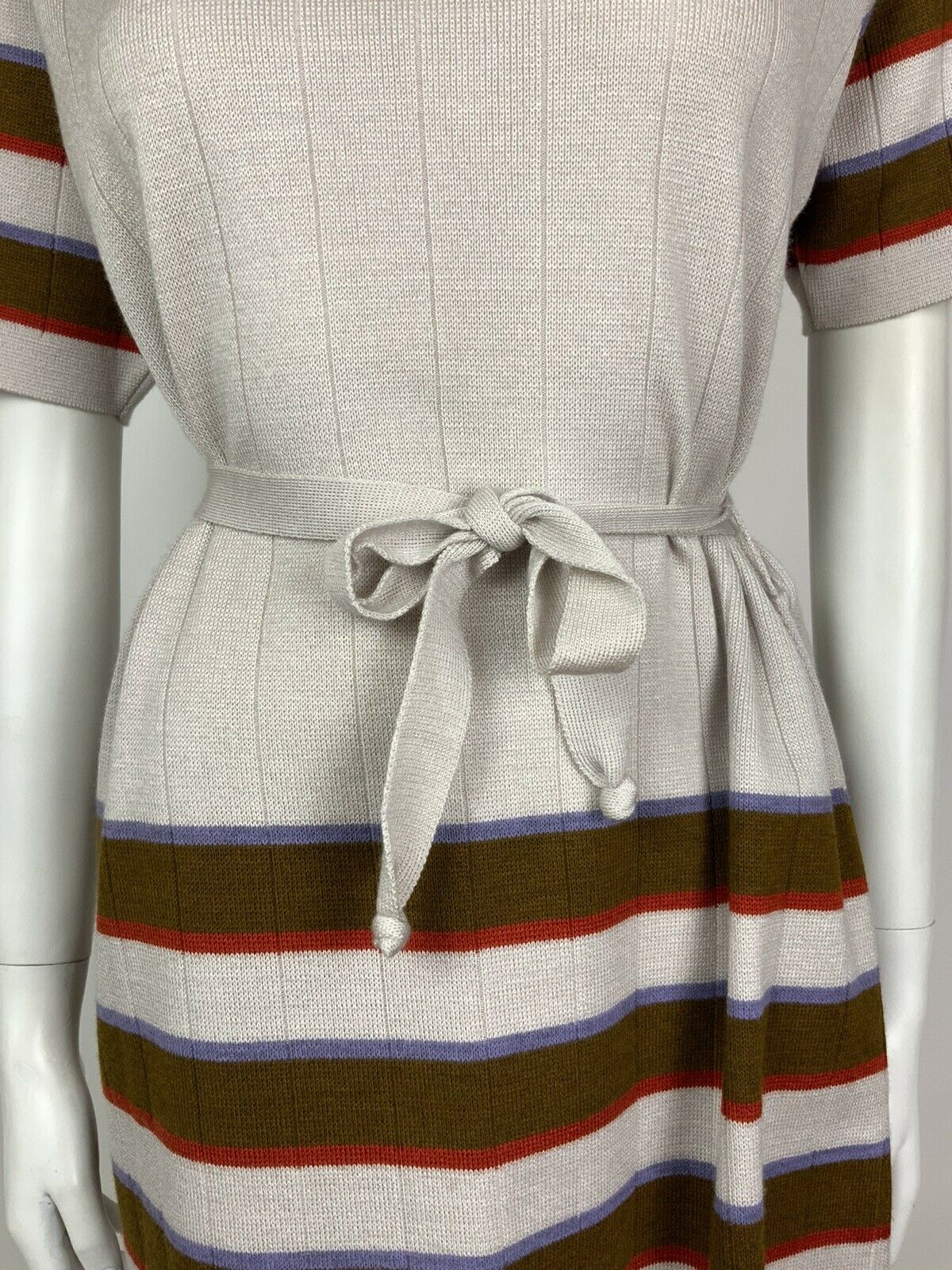 VINTAGE 60s 70s MOD SILVER BROWN PURPLE RED STRIPED BELTED DRESS 14 16