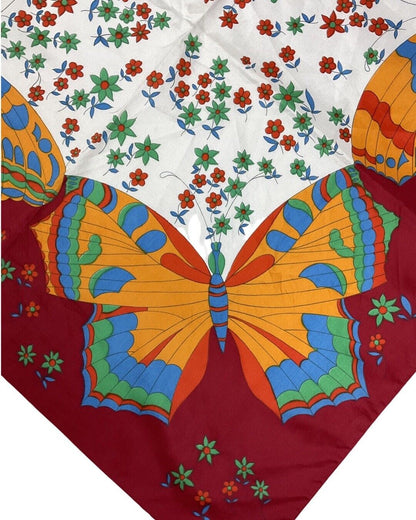 VINTAGE 60s 70s RED BLUE YELLOW BUTTERFLY DITSY FLOWER MOD BOHO SQUARE SCARF