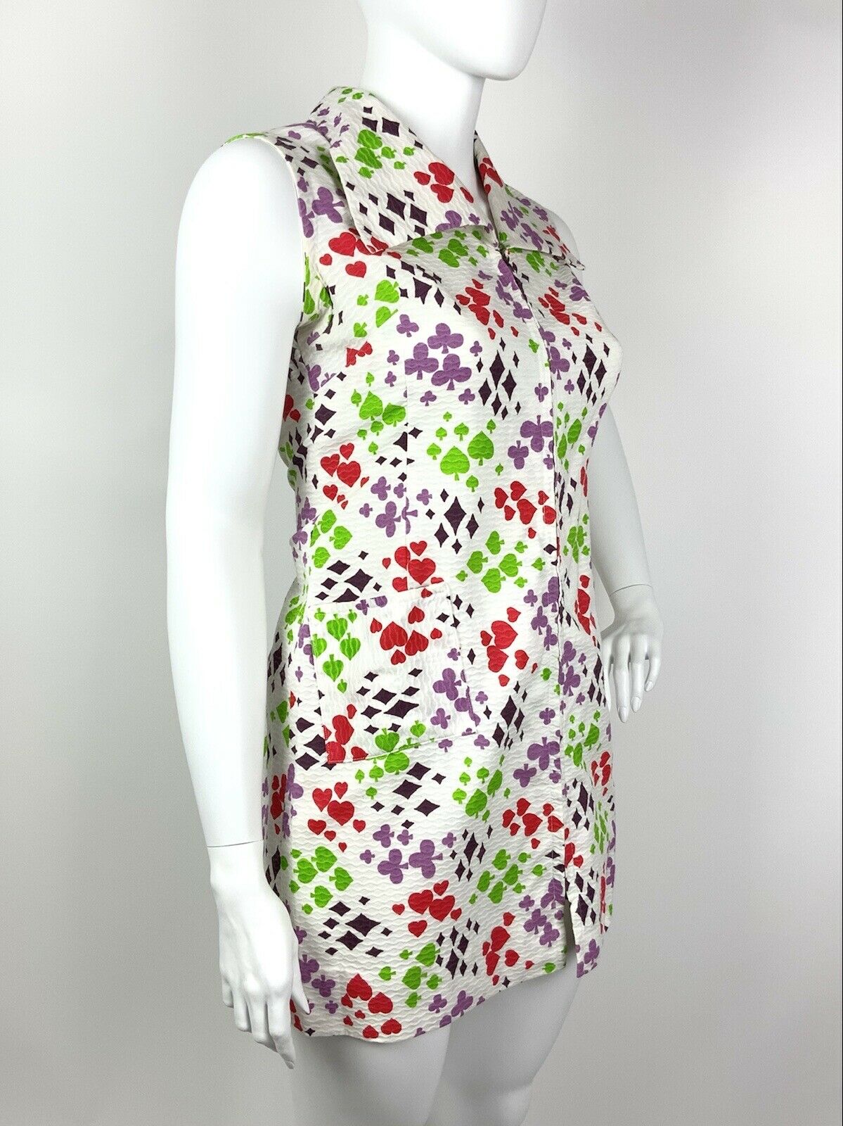 VTG 60s 70s WHITE RED GREEN PURPLE HEART SPADE CLUB DIAMOND MOD MINI DRESS 16