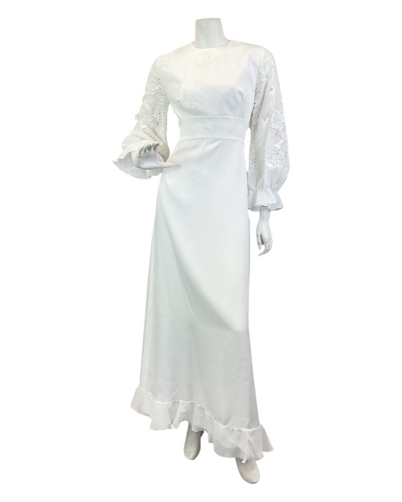 VINTAGE 60s 70s WHITE FLORAL ANGLAISE EMBROIDERED WEDDING BOHO MAXI DRESS 10