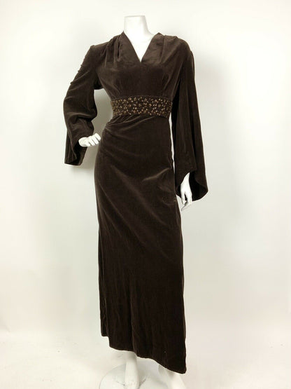 VTG 60s 70s BROWN BRONZE STAR BEADED BELL SLEEVE FOLK BOHO VELVET MAXI DRESS 12