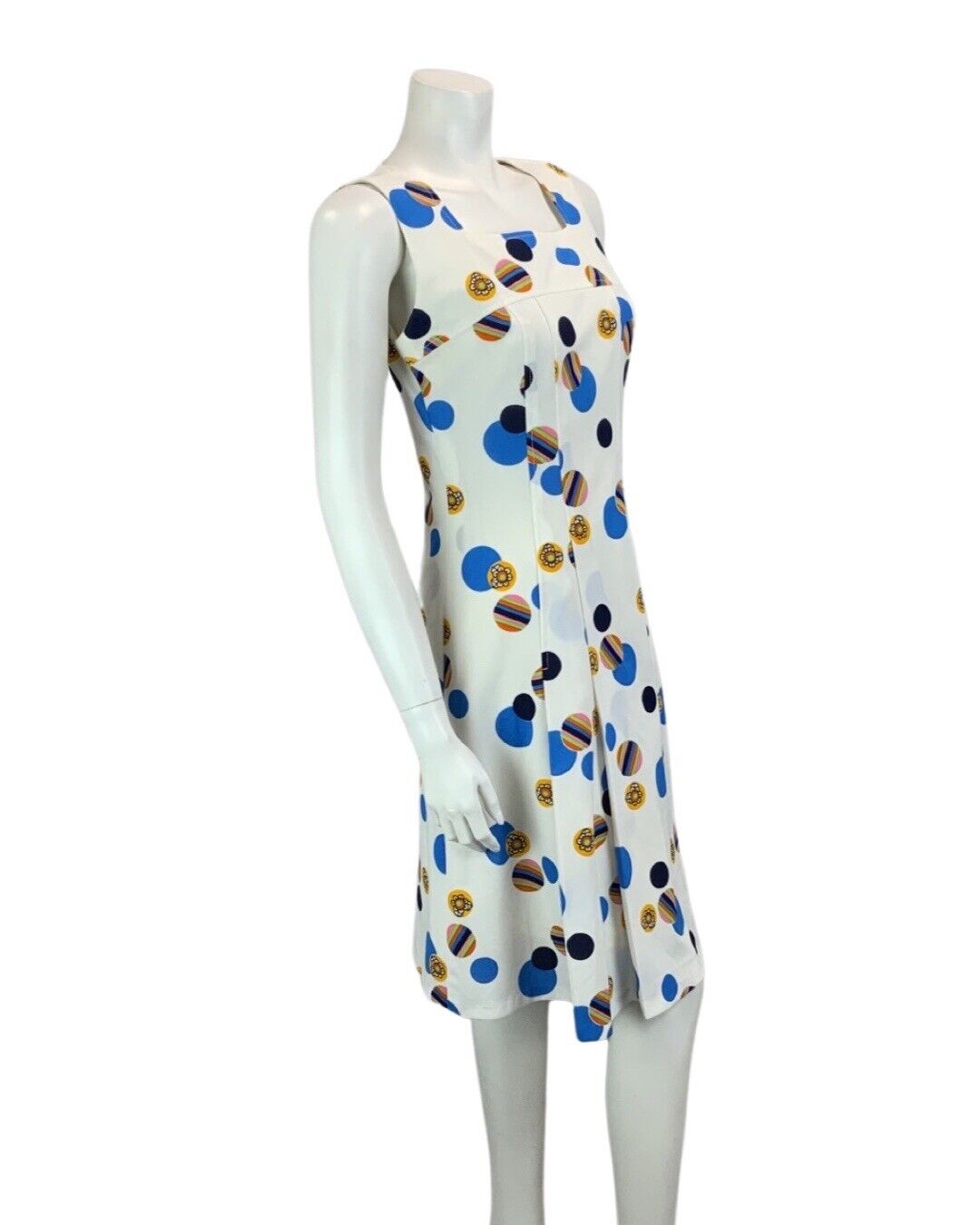 VINTAGE 60s 70s WHITE BLUE NAVY PINK SPOTTY ABSTRACT PRINT MOD DRESS DRESS 10