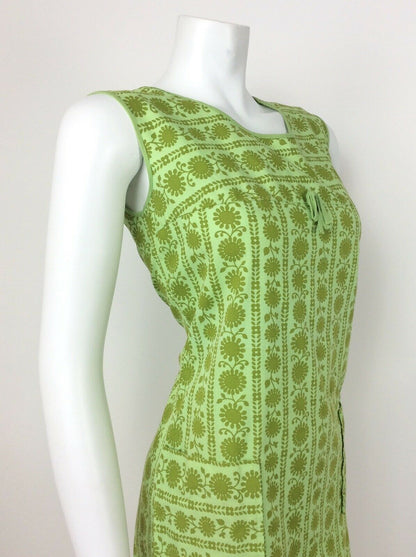 VINTAGE 60s 70s LIME GREEN PSYCHEDELIC FLORAL EMPIRE LINE SHIFT DRESS 10 12