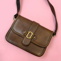 VINTAGE 60s 70s BROWN GOLD LEATHER MOD BOHO MINI SHOULDER BAG