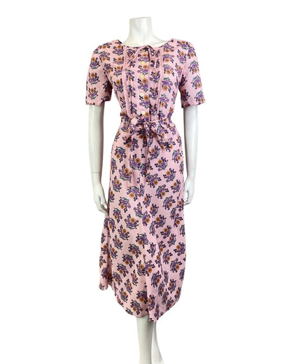 VINTAGE 60s 70s PINK PURPLE FLORAL BOUQUET BELTED SUMMER MIDI DRESS 12 14