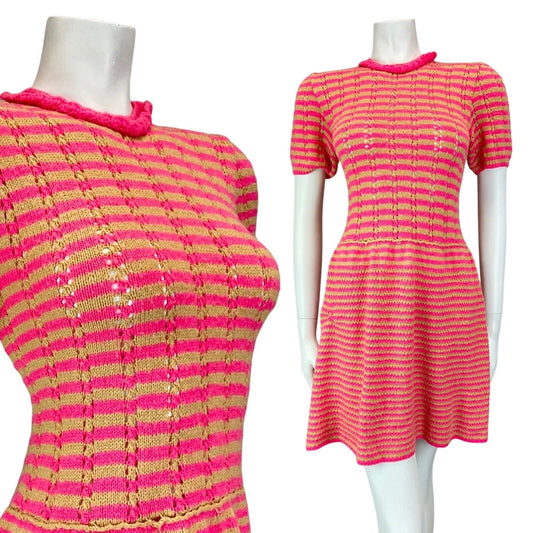 VINTAGE 60s PINK BEIGE STRIPED KNITTED CROCHETED MOD SUMMER SHORT DRESS 10