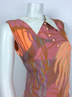 VINTAGE 60s 70s ABSTRACT FLORAL SHIFT DRESS ORANGE PURPLE PINK GOLD 12