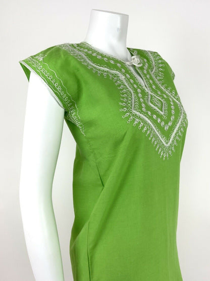 VINTAGE 60s 70s LIME GREEN COTTON KAFTAN WHITE EMBROIDERED ETHNIC 6 8