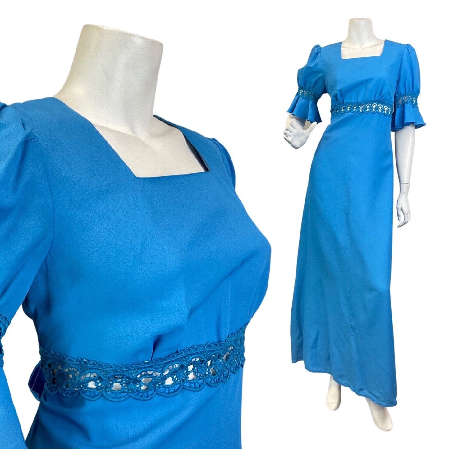 VINTAGE 60s 70s BRIGHT BLUE EMBROIDERED ANGLAISE BOHO PRAIRIE MAXI DRESS 8 10