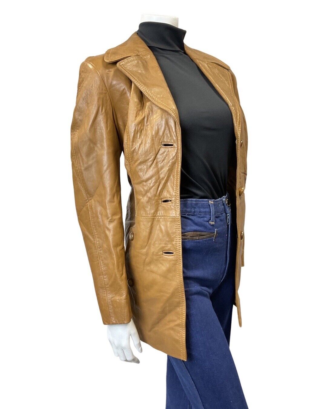 VINTAGE 60s 70s LIGHT BROWN GOLD MOD NAPPA LEATHER JACKET 14 16