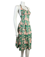 VTG 60s 70s GREEN RED CREAM CHINESE TIGER BLOSSOM CACHAREL HALTER SUN-DRESS 6 8